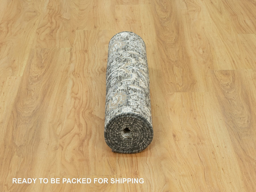 2'4" x 8'1" New Hand Knotted Grey Wool & Silk Runner Oriental Rug - MOA10290684