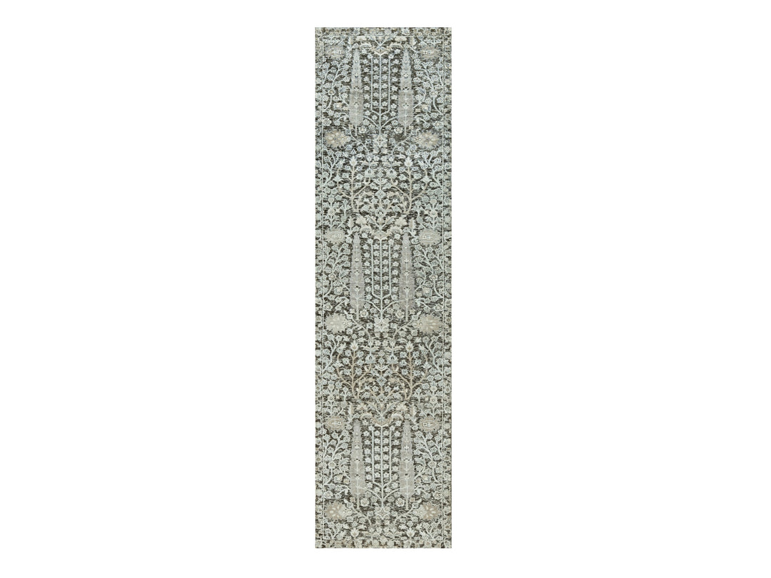 2'6" x 9'10" New Hand Knotted Grey Wool & Silk Runner Oriental Rug - MOA10290685