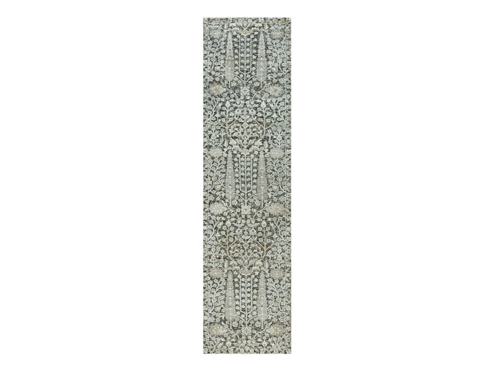 2'6" x 9'10" New Hand Knotted Grey Wool & Silk Runner Oriental Rug - MOA10290685