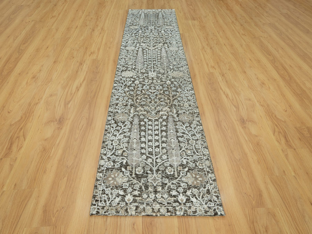 2'6" x 9'10" New Hand Knotted Grey Wool & Silk Runner Oriental Rug - MOA10290685