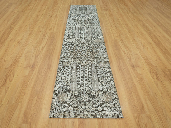 2'6" x 9'10" New Hand Knotted Grey Wool & Silk Runner Oriental Rug - MOA10290685