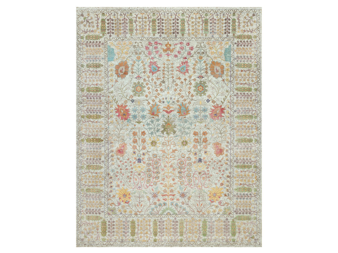 11'8" x 15'0" New Hand Knotted Beige Wool & Silk Rectangle Oriental Rug - MOA10290687