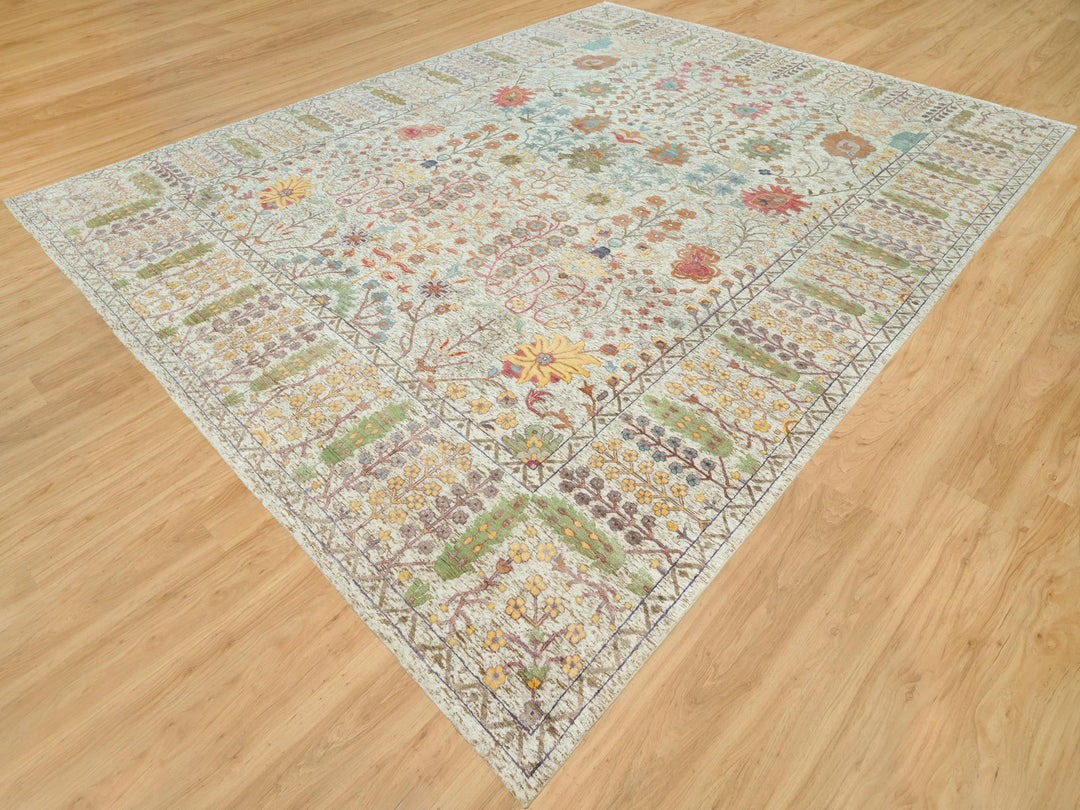 11'8" x 15'0" New Hand Knotted Beige Wool & Silk Rectangle Oriental Rug - MOA10290687