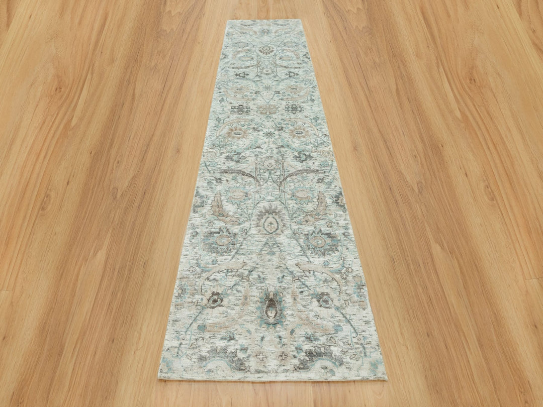 2'5" x 9'11" New Hand Knotted Ivory Wool & Silk Runner Oriental Rug - MOA10290697