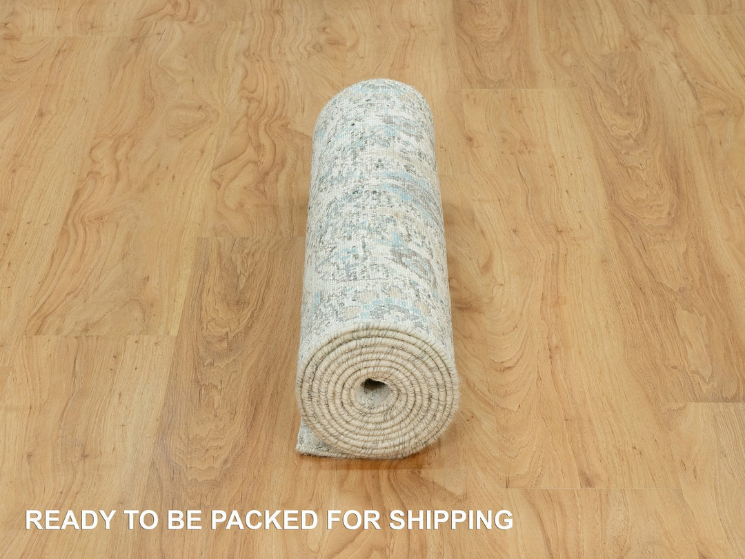 2'5" x 9'11" New Hand Knotted Ivory Wool & Silk Runner Oriental Rug - MOA10290697