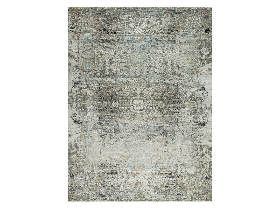 9'1" x 12'2" New Hand Knotted Grey Wool & Silk Rectangle Oriental Rug - MOA10290698
