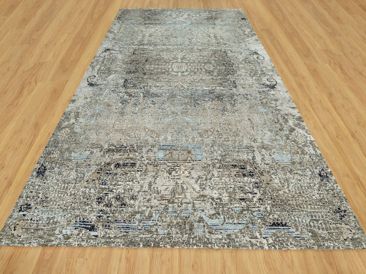 9'1" x 12'2" New Hand Knotted Grey Wool & Silk Rectangle Oriental Rug - MOA10290698
