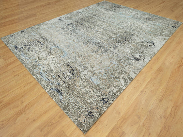 9'1" x 12'2" New Hand Knotted Grey Wool & Silk Rectangle Oriental Rug - MOA10290698