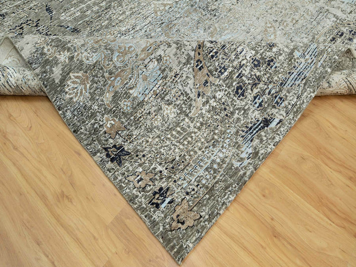 9'1" x 12'2" New Hand Knotted Grey Wool & Silk Rectangle Oriental Rug - MOA10290698