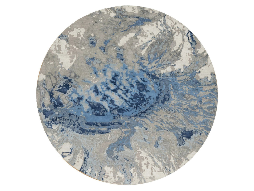 7'9" x 7'9" New Hand Knotted Blue Wool & Silk Round Oriental Rug - MOA10290801