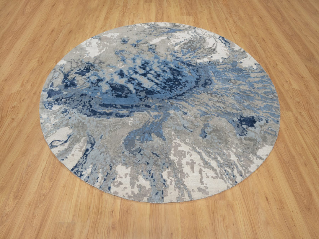 7'9" x 7'9" New Hand Knotted Blue Wool & Silk Round Oriental Rug - MOA10290801