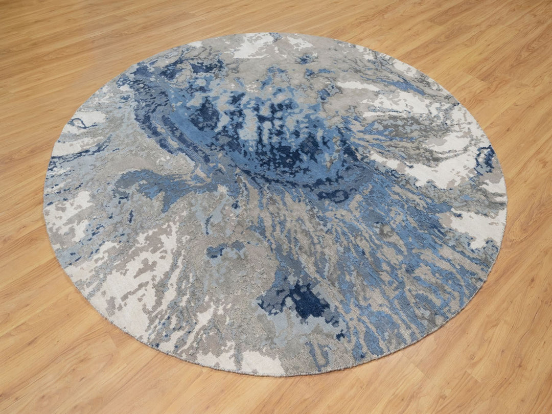 7'9" x 7'9" New Hand Knotted Blue Wool & Silk Round Oriental Rug - MOA10290801