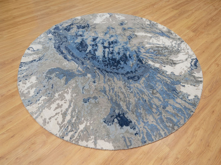 7'9" x 7'9" New Hand Knotted Blue Wool & Silk Round Oriental Rug - MOA10290801