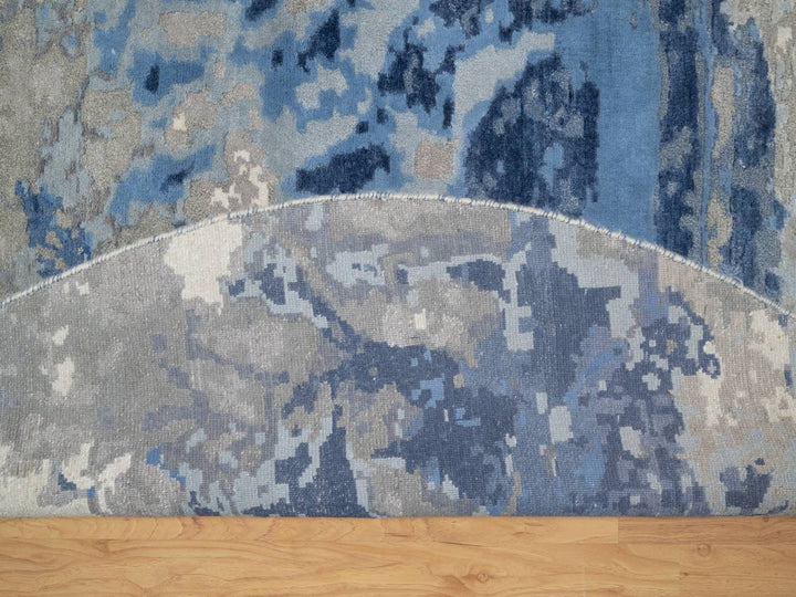 7'9" x 7'9" New Hand Knotted Blue Wool & Silk Round Oriental Rug - MOA10290801
