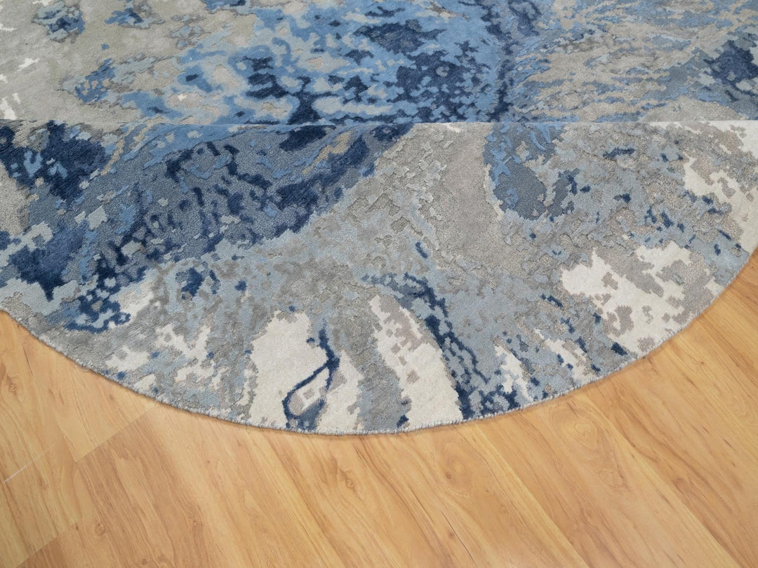 7'9" x 7'9" New Hand Knotted Blue Wool & Silk Round Oriental Rug - MOA10290801