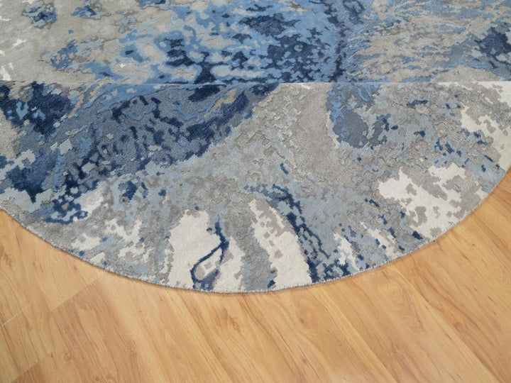 7'9" x 7'9" New Hand Knotted Blue Wool & Silk Round Oriental Rug - MOA10290801