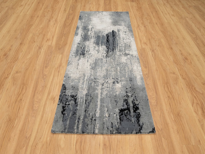 2'7" x 6'4" New Hand Knotted Black Wool & Silk Runner Oriental Rug - MOA10290811