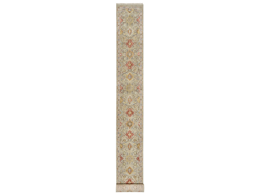 2'5" x 22'0" New Hand Knotted Beige Wool & Silk Runner Oriental Rug - MOA10290814
