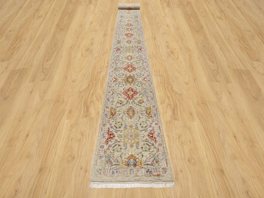 2'5" x 22'0" New Hand Knotted Beige Wool & Silk Runner Oriental Rug - MOA10290814