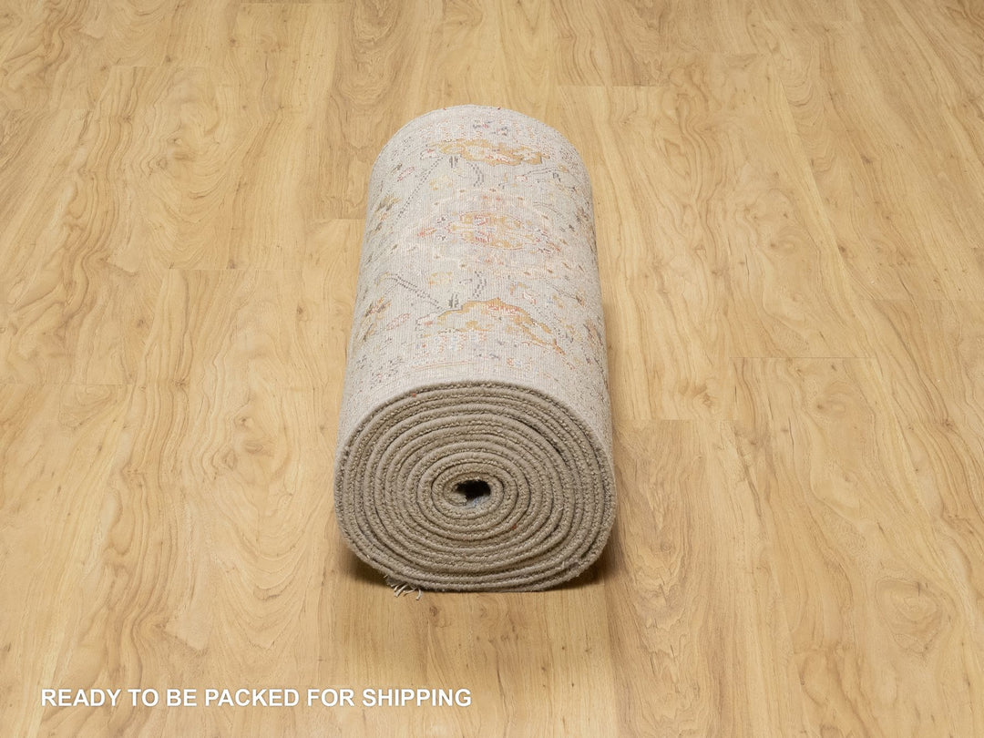 2'9" x 20'0" New Hand Knotted Beige Wool & Silk Runner Oriental Rug - MOA10290816