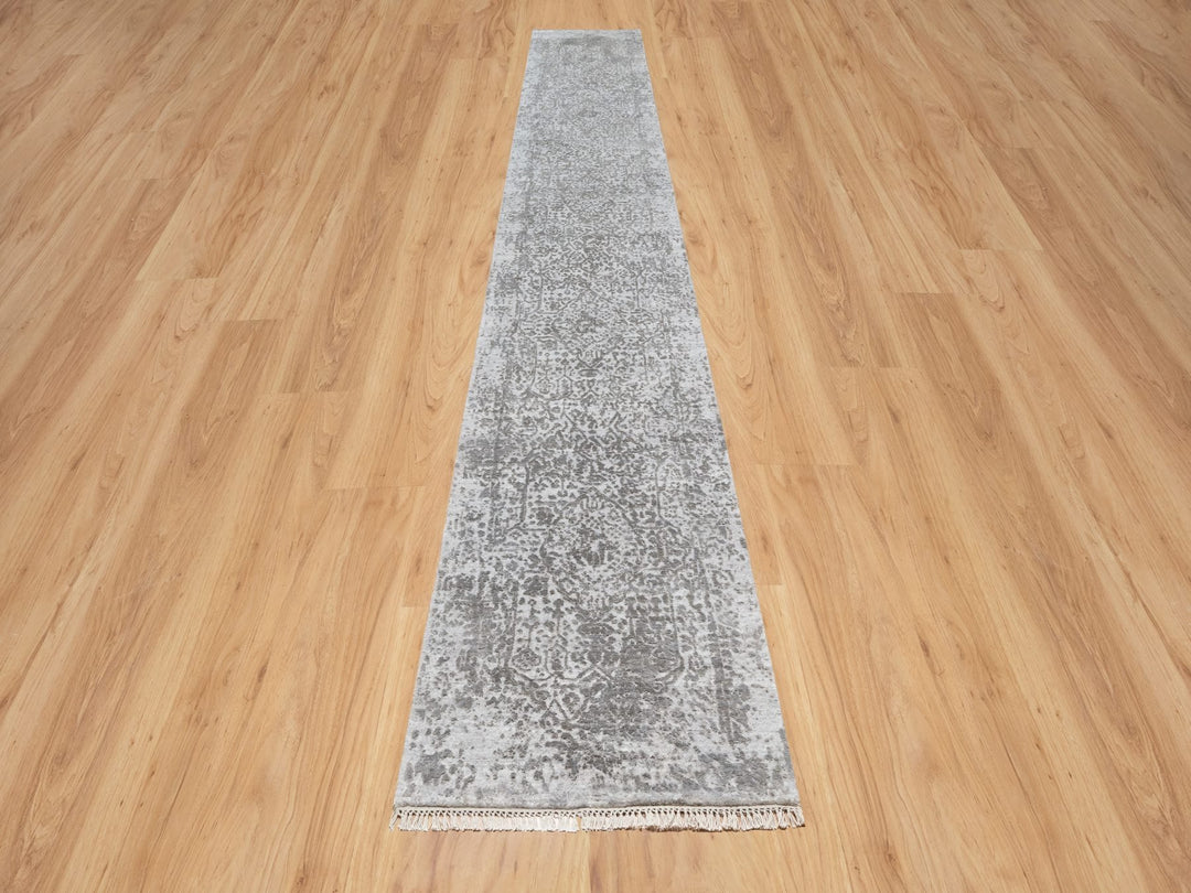 2'7" x 16'0" New Hand Knotted Grey Wool & Silk Runner Oriental Rug - MOA10290817
