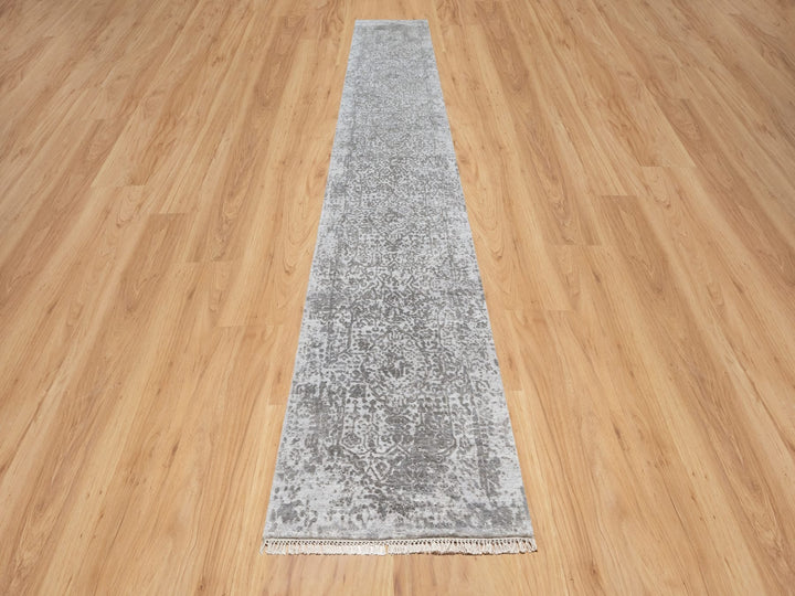 2'7" x 16'0" New Hand Knotted Grey Wool & Silk Runner Oriental Rug - MOA10290817