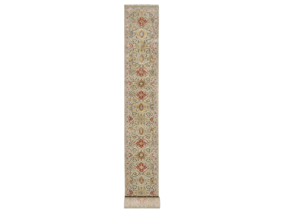 2'7" x 26'0" New Hand Knotted Beige Wool & Silk Runner Oriental Rug - MOA10290818