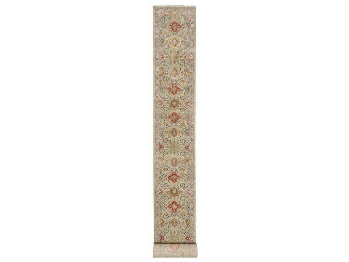 2'7" x 26'0" New Hand Knotted Beige Wool & Silk Runner Oriental Rug - MOA10290818