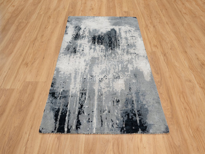 3'1" x 5'3" New Hand Knotted Black Wool & Silk Rectangle Oriental Rug - MOA10290819