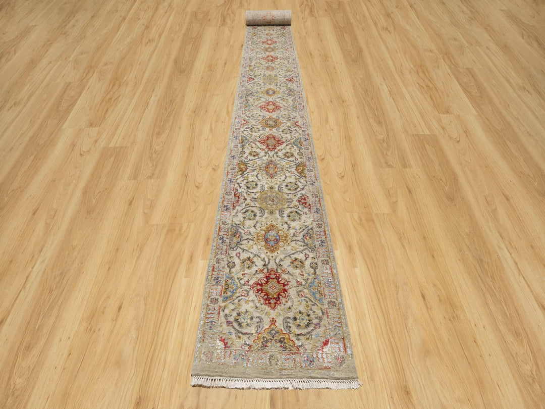 2'7" x 26'0" New Hand Knotted Beige Wool & Silk Runner Oriental Rug - MOA10290823