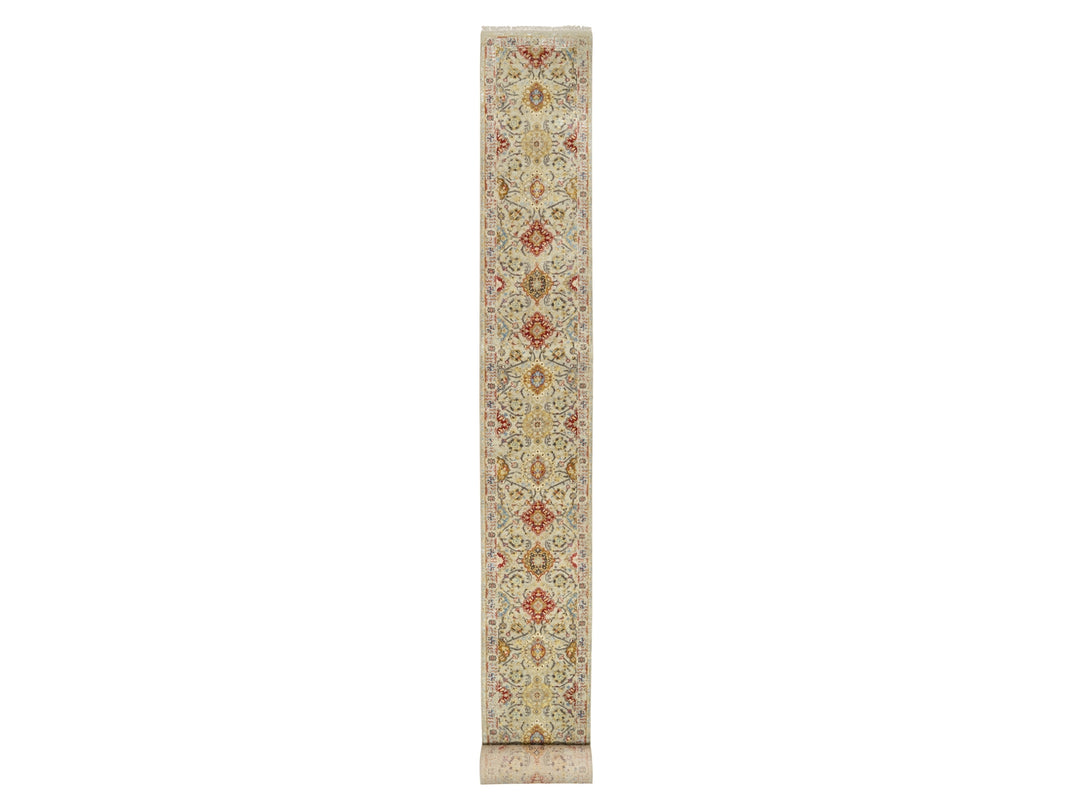2'6" x 24'1" New Hand Knotted Beige Wool & Silk Runner Oriental Rug - MOA10290825
