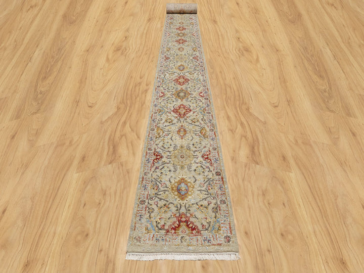 2'6" x 24'1" New Hand Knotted Beige Wool & Silk Runner Oriental Rug - MOA10290825