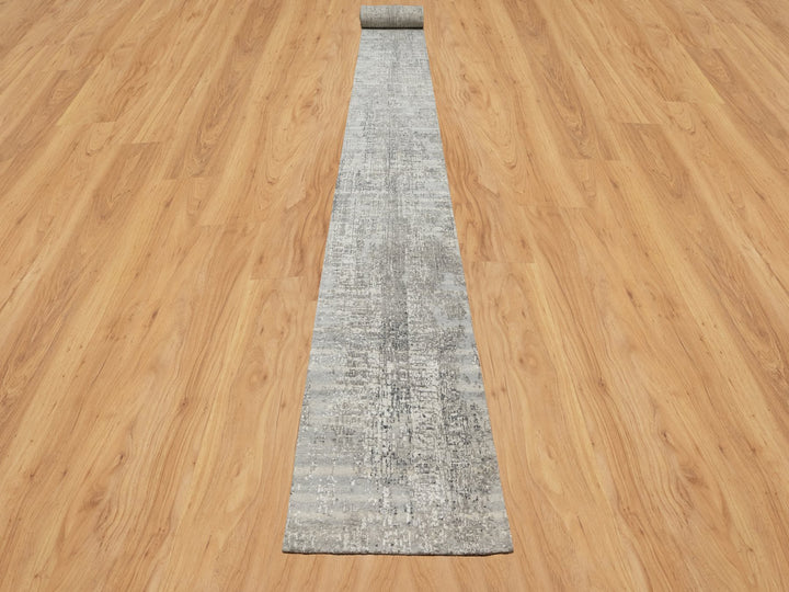 2'6" x 29'9" New Hand Knotted Grey Wool Runner Oriental Rug - MOA10290848