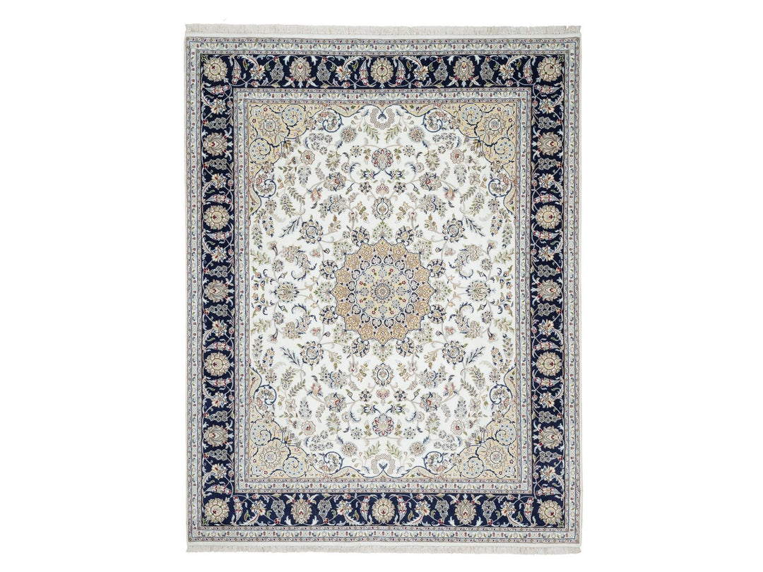 7'10" x 10'1" New Hand Knotted Ivory Wool & Silk Rectangle Oriental Rug - MOA10290868