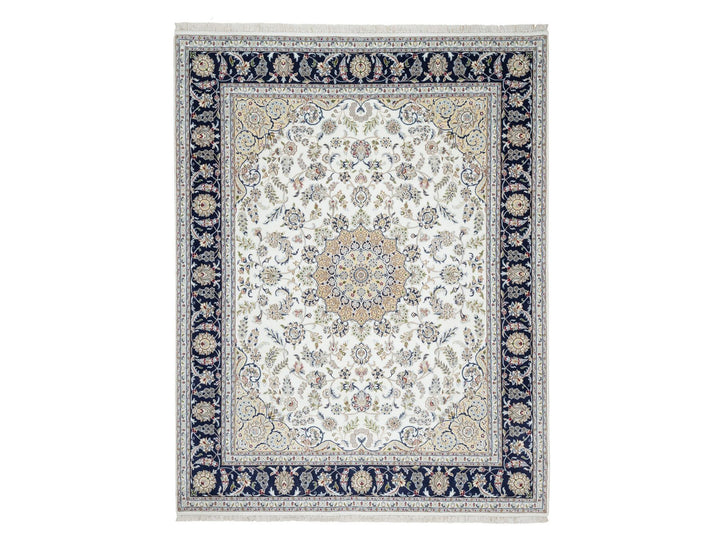7'10" x 10'1" New Hand Knotted Ivory Wool & Silk Rectangle Oriental Rug - MOA10290868