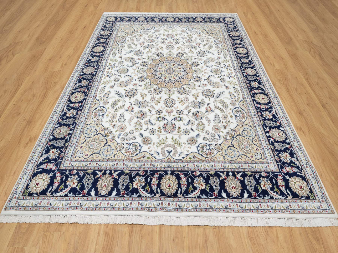 7'10" x 10'1" New Hand Knotted Ivory Wool & Silk Rectangle Oriental Rug - MOA10290868