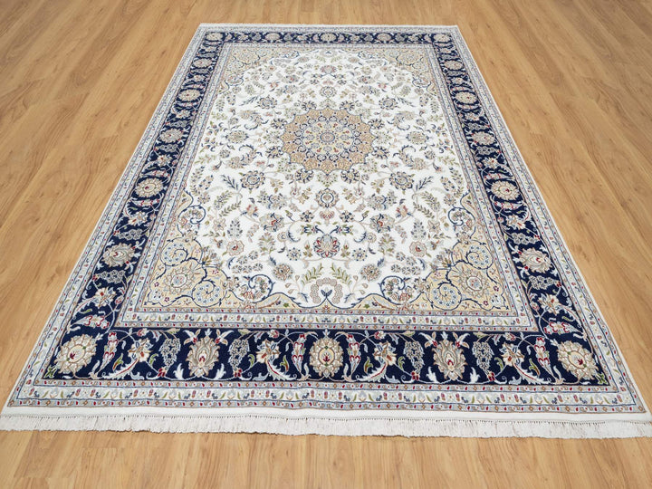 7'10" x 10'1" New Hand Knotted Ivory Wool & Silk Rectangle Oriental Rug - MOA10290868