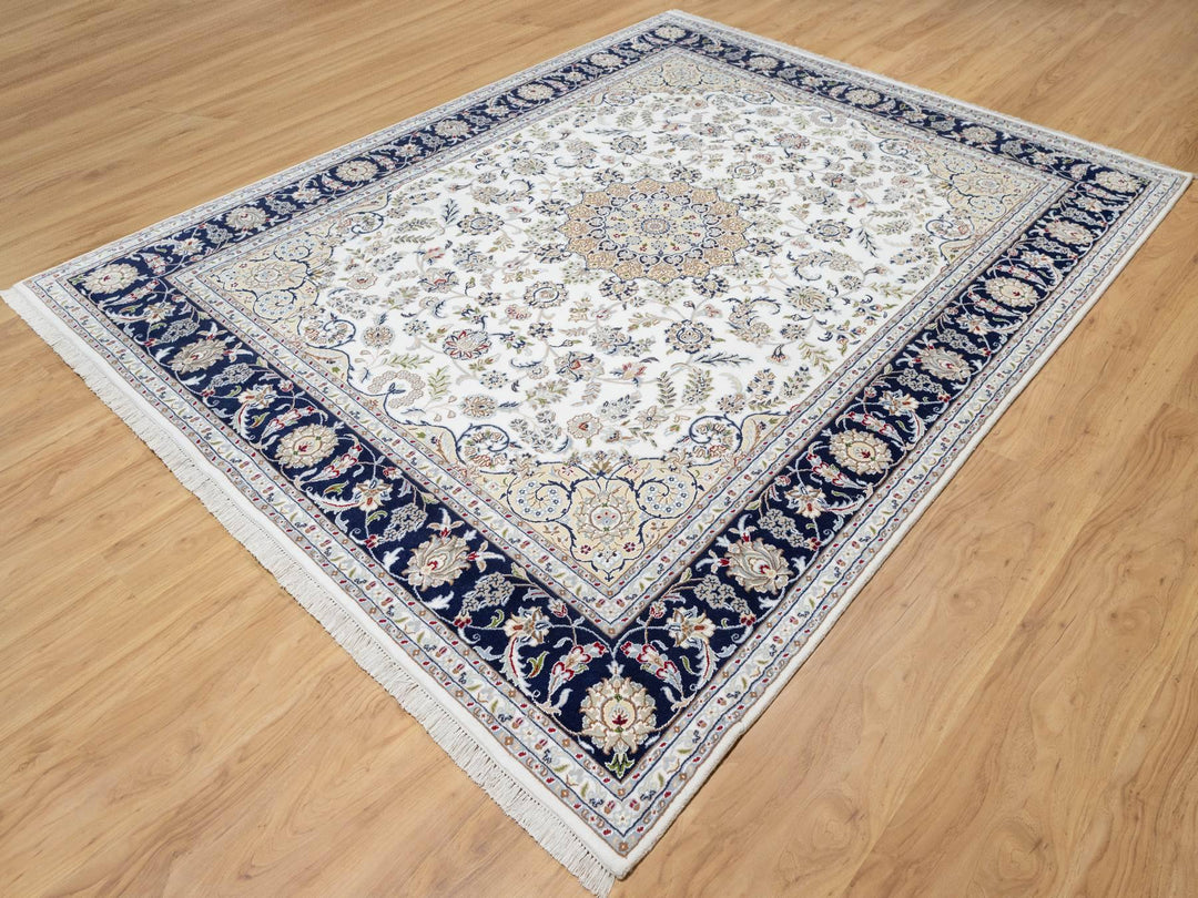 7'10" x 10'1" New Hand Knotted Ivory Wool & Silk Rectangle Oriental Rug - MOA10290868