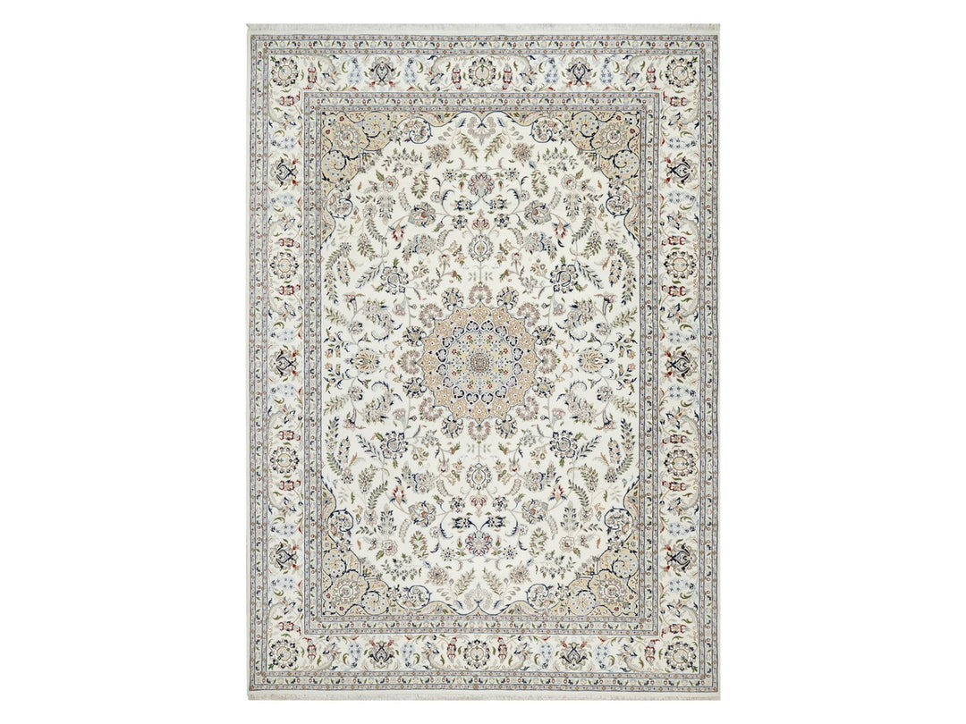 9'9" x 13'9" New Hand Knotted Ivory Wool & Silk Rectangle Oriental Rug - MOA10290871
