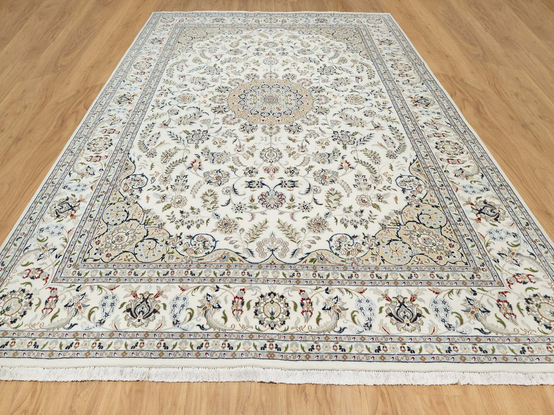 9'9" x 13'9" New Hand Knotted Ivory Wool & Silk Rectangle Oriental Rug - MOA10290871
