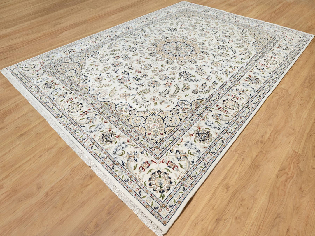 9'9" x 13'9" New Hand Knotted Ivory Wool & Silk Rectangle Oriental Rug - MOA10290871