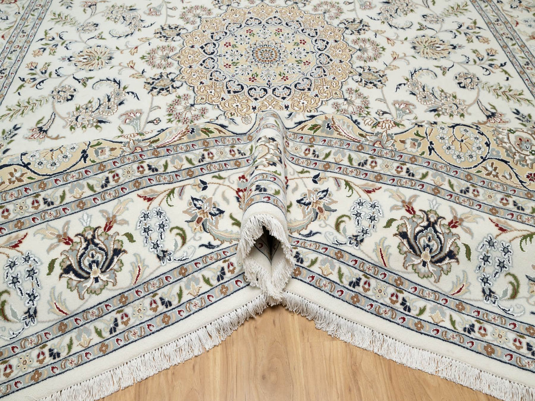 9'9" x 13'9" New Hand Knotted Ivory Wool & Silk Rectangle Oriental Rug - MOA10290871