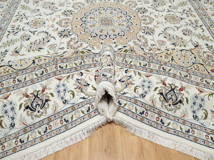 9'9" x 13'9" New Hand Knotted Ivory Wool & Silk Rectangle Oriental Rug - MOA10290871
