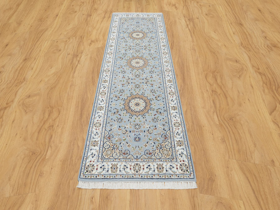 2'8" x 8'4" New Hand Knotted Blue Wool & Silk Runner Oriental Rug - MOA10290880