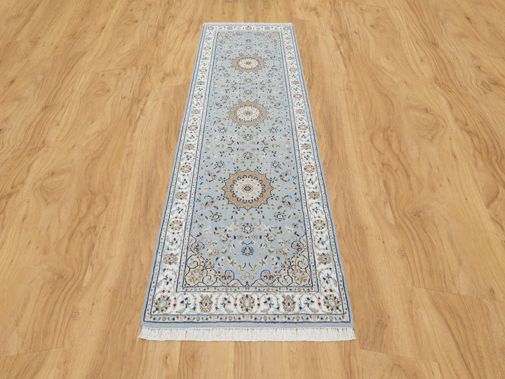 2'8" x 8'4" New Hand Knotted Blue Wool & Silk Runner Oriental Rug - MOA10290880