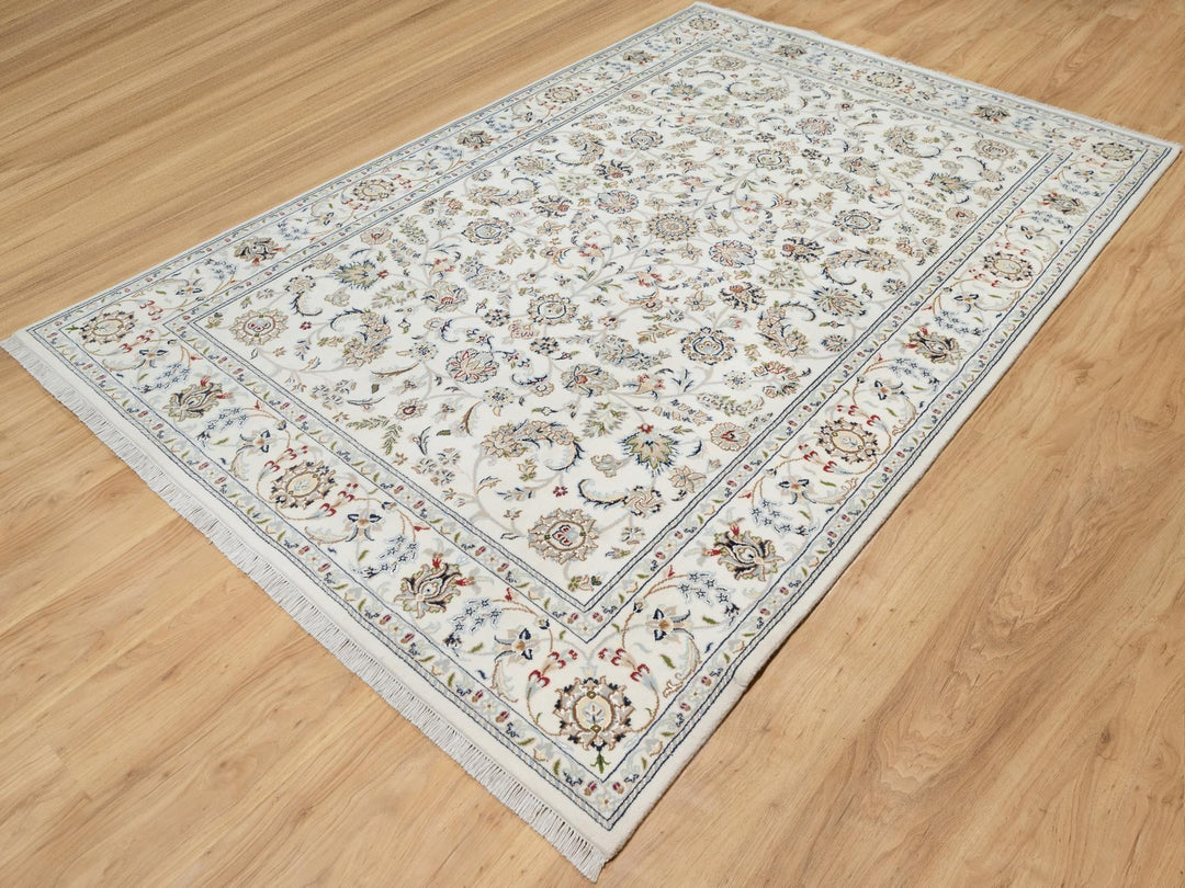5'10" x 9'1" New Hand Knotted Ivory Wool & Silk Rectangle Oriental Rug - MOA10290896
