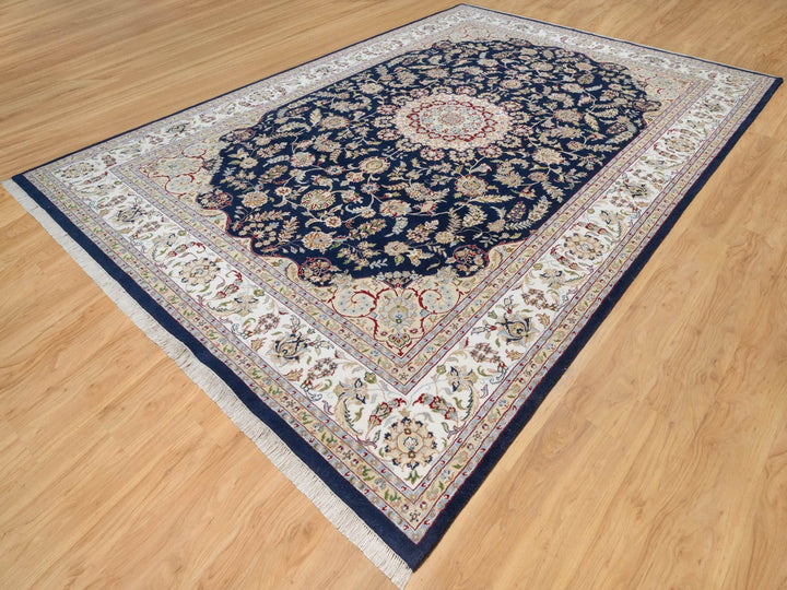 9'8" x 14'1" New Hand Knotted Blue Wool & Silk Rectangle Oriental Rug - MOA10290899