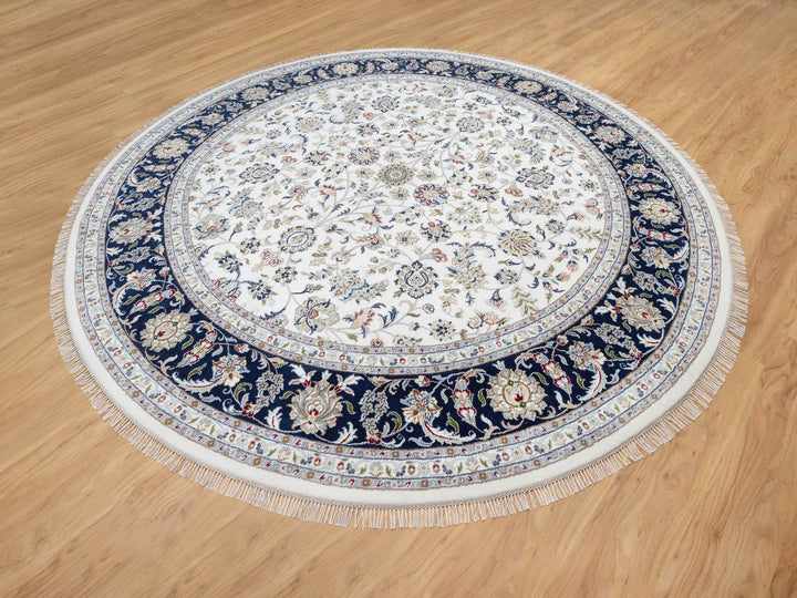 9'9" x 9'9" New Hand Knotted Ivory Wool & Silk Round Oriental Rug - MOA10290907