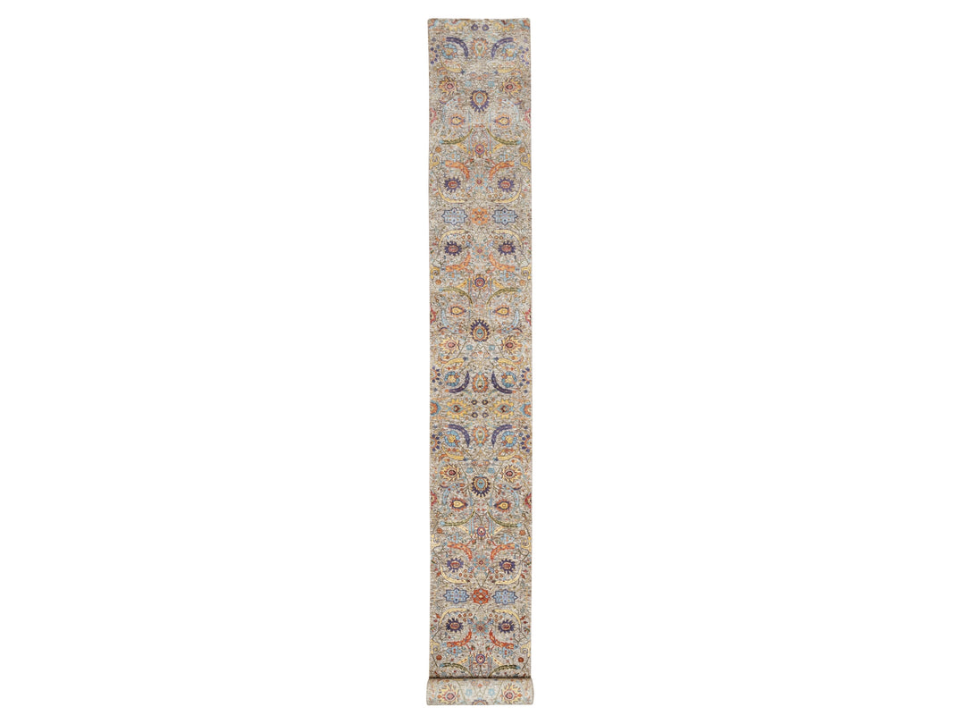 2'7" x 23'10" New Hand Knotted Beige Wool & Silk Runner Oriental Rug - MOA10290943