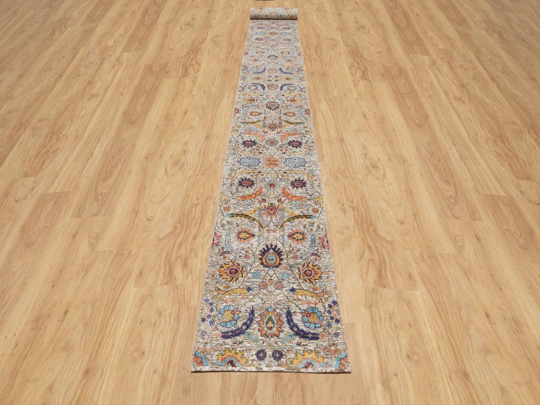 2'7" x 23'10" New Hand Knotted Beige Wool & Silk Runner Oriental Rug - MOA10290943